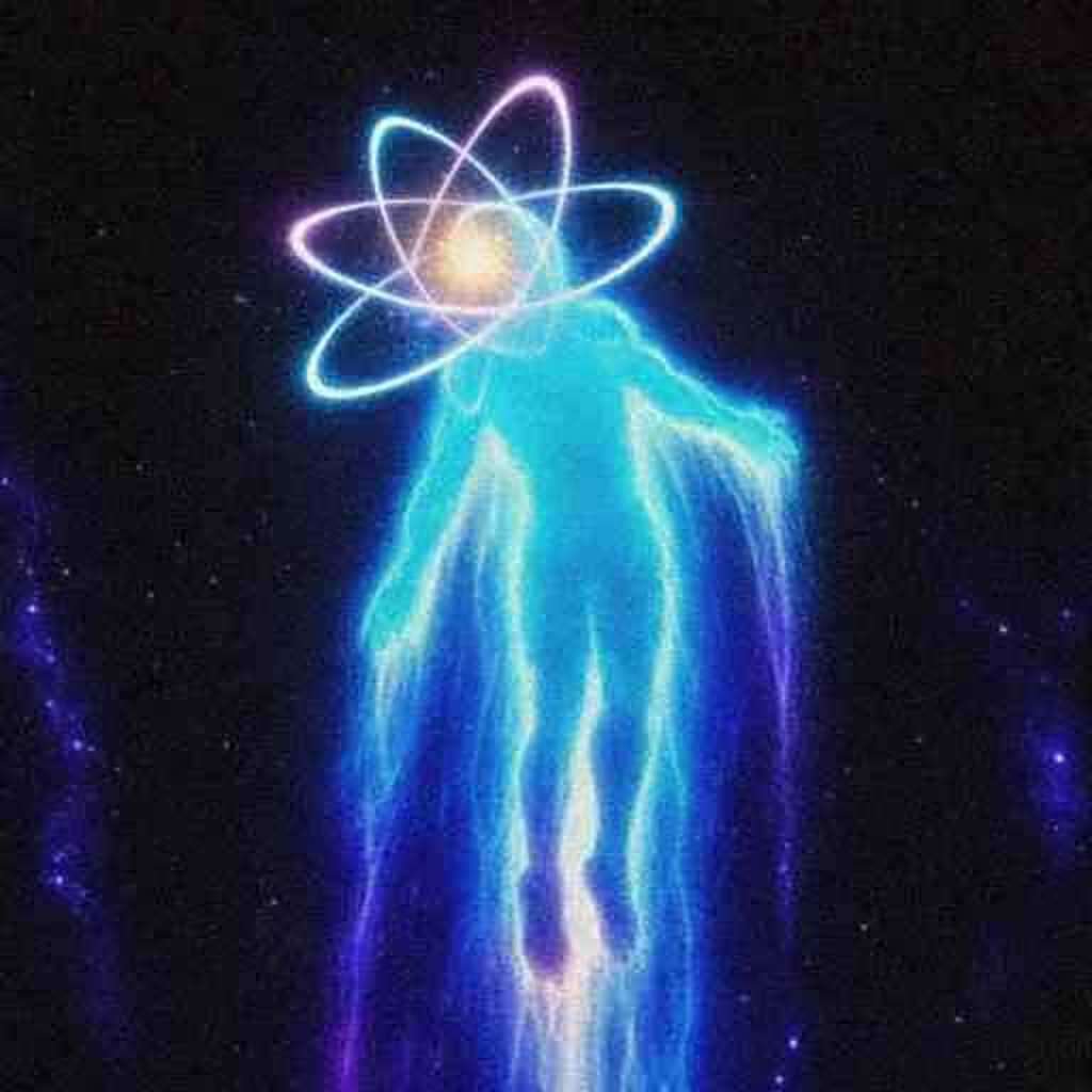 A glowing blue energy figure with atom orbit rings around its head, rising through deep space