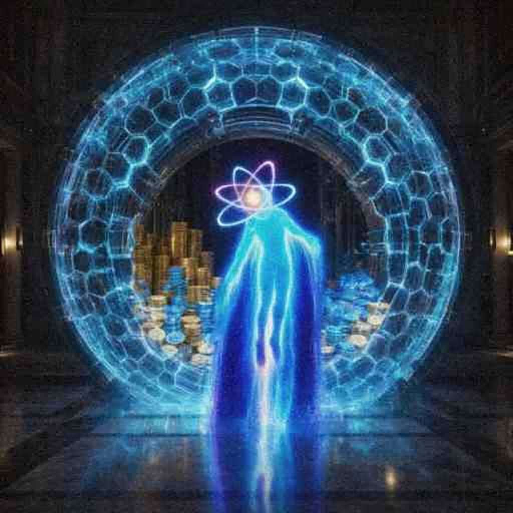 The glowing figure standing guard in front of a giant crystalline lattice vault door